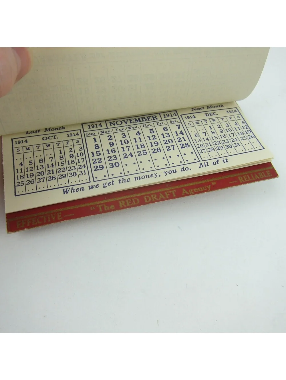 Antique 1914 Calendar Pad K. & M. Red Drafts Agency Debt Collection 4.75 x 2.5